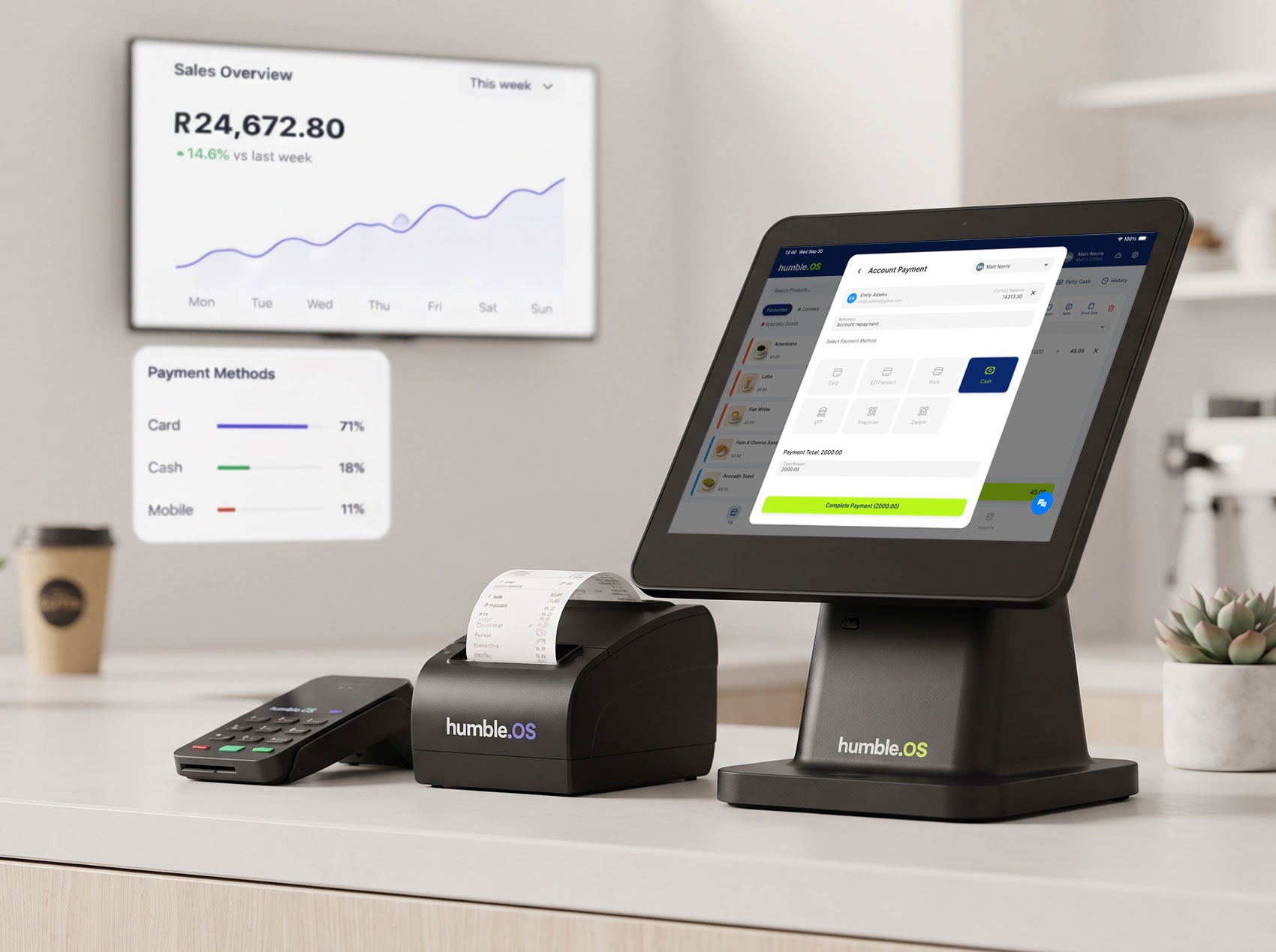 humble.OS point-of-sale terminal, receipt printer and card machine on a retail counter with sales overview dashboard