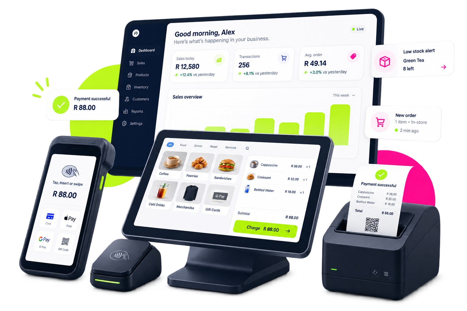 humble.OS point of sale, card machine, receipt printer and dashboard